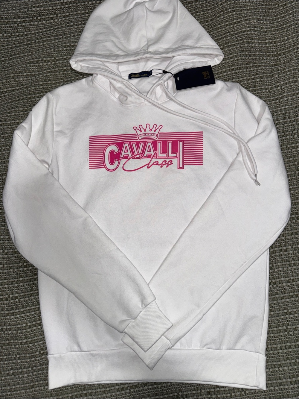 Cavalli Class White Crewneck Hoodie with Pink Logo